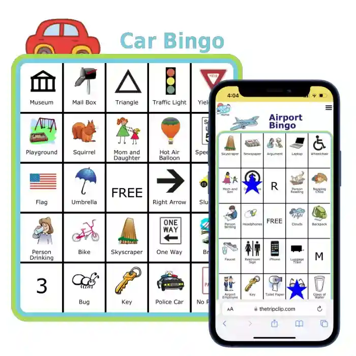 4 free bingo boards: airplane, road trip, restaurant, alphabet