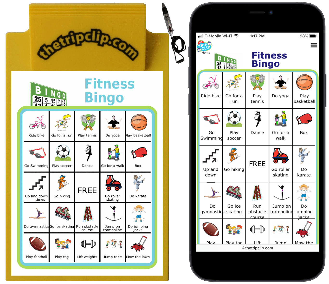 Bingo board with pictures titled Fitness Bingo