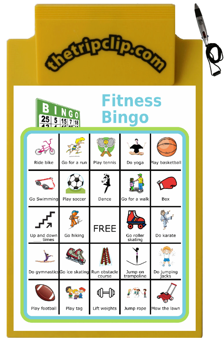Bingo board with pictures titled Fitness Bingo