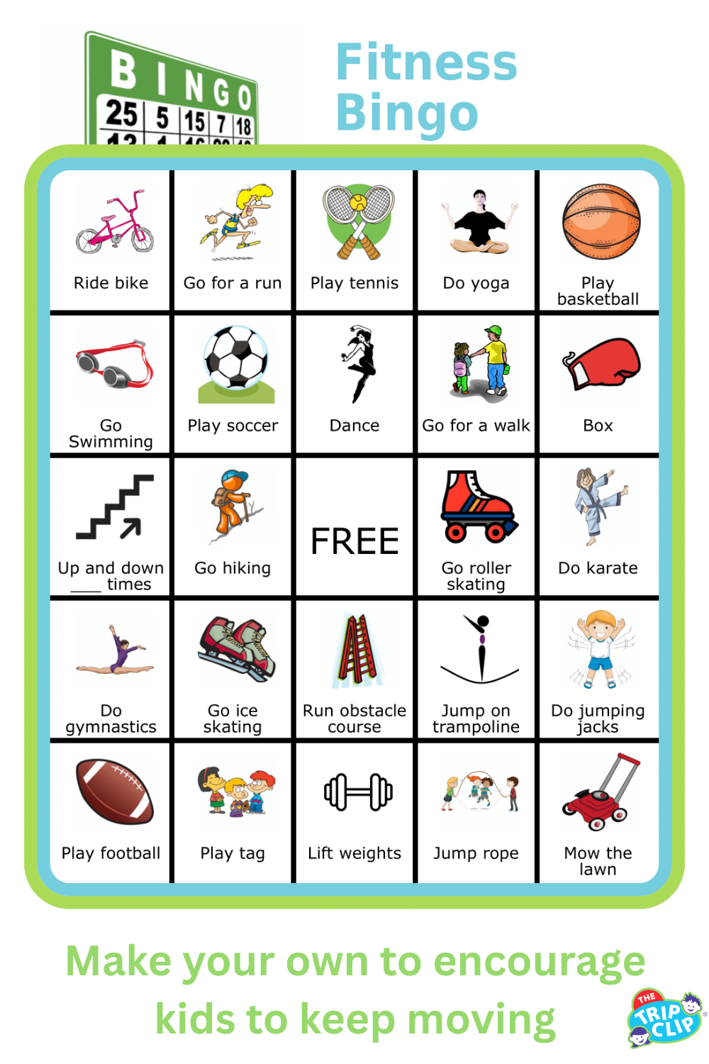Bingo board showing 24 ways kids can get exercise