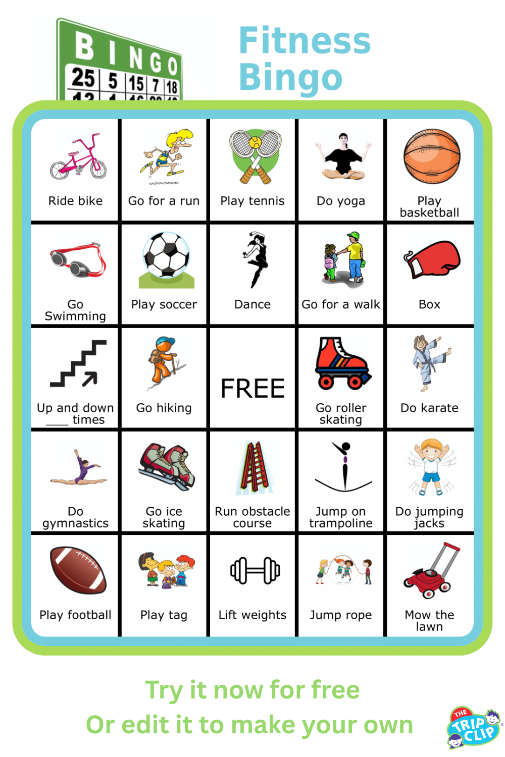 Bingo board showing 24 ways kids can get exercise