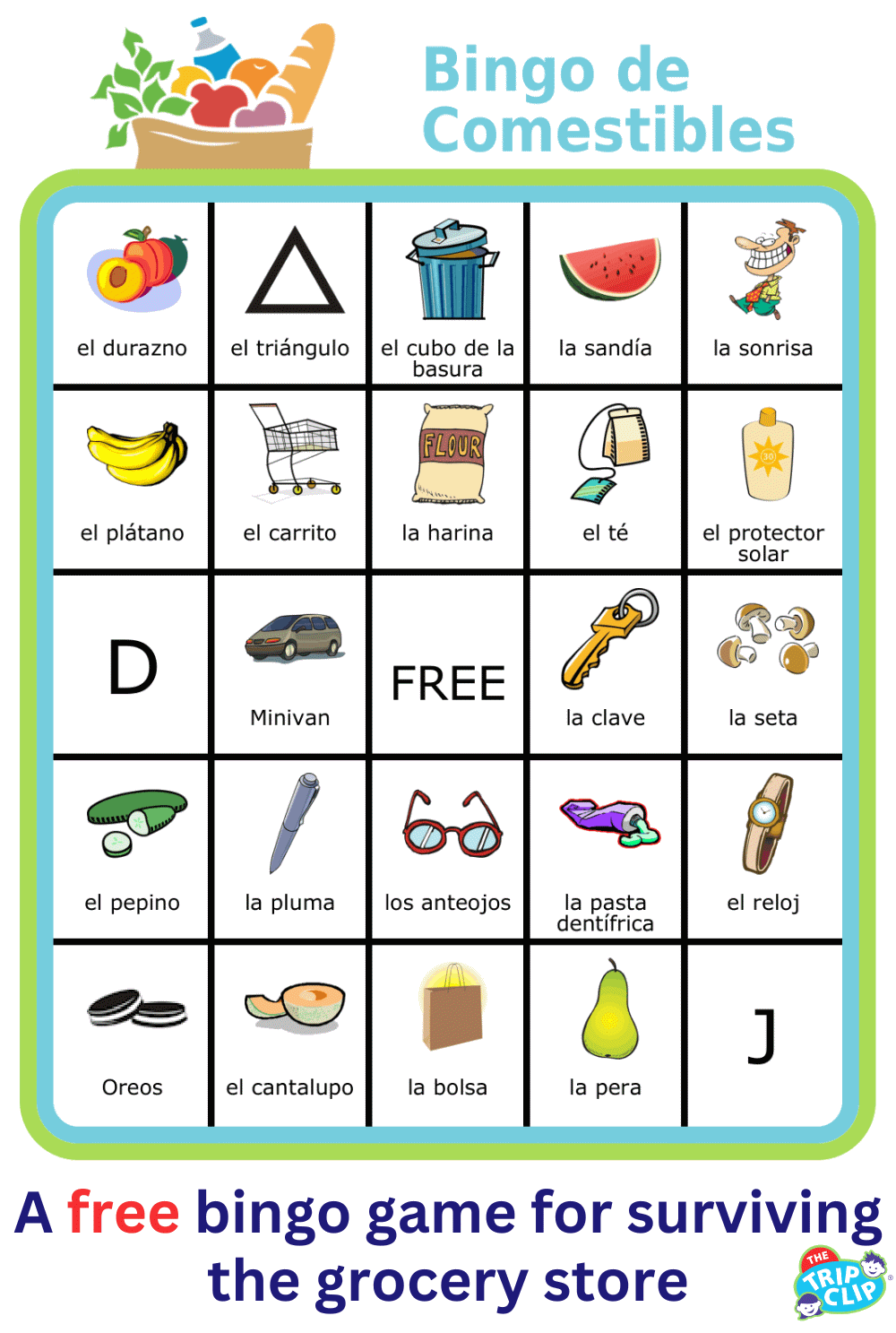 Bingo board with a grocery bag at the top and pictures of items labeled in Spanish