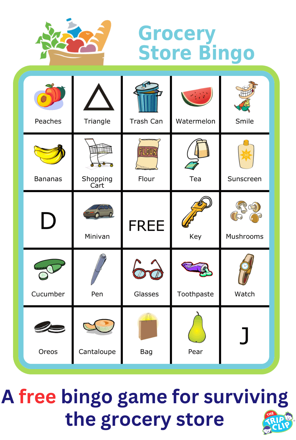 Bingo board with groceries at the top and titled Grocery Store Bingo