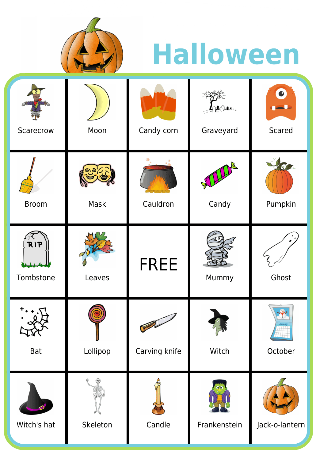 BINGO board with Halloween pictures