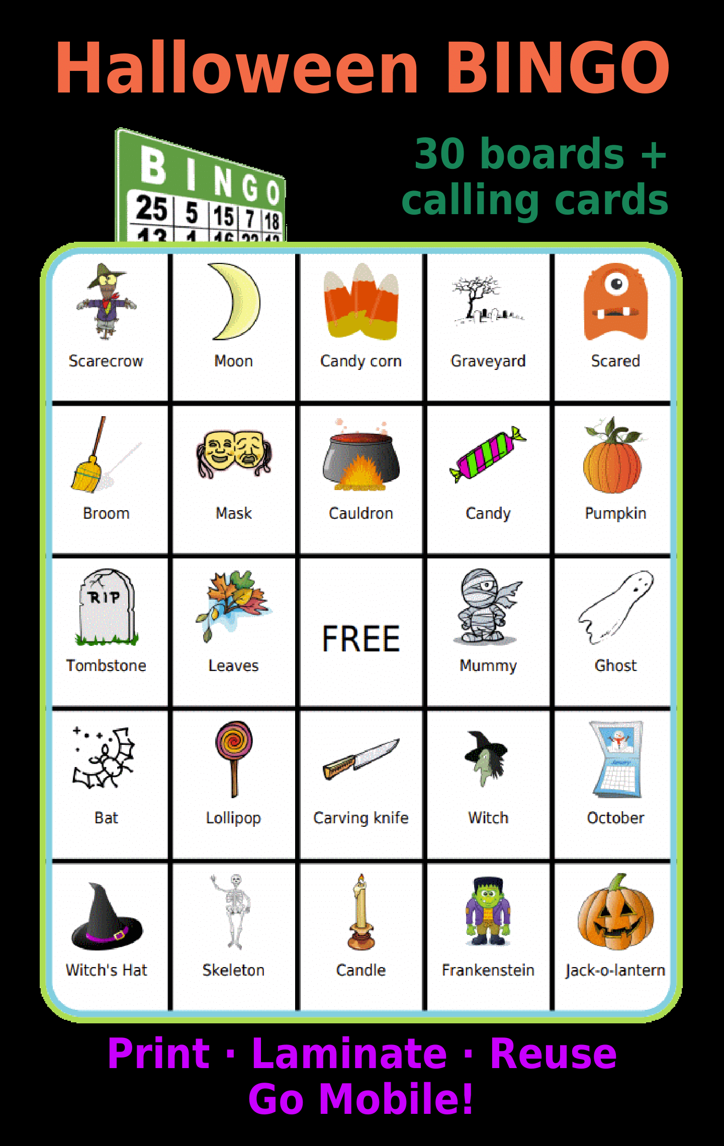 Bingo board with 24 Christmas pictures