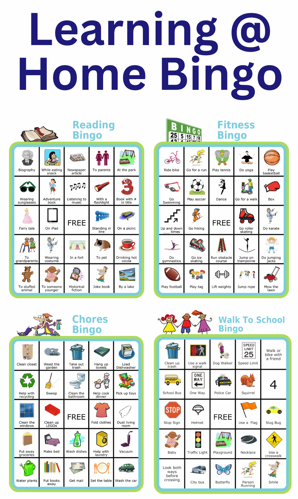 4 bingo boards: fitness bingo, chores bingo, reading bingo, walk to school bingo