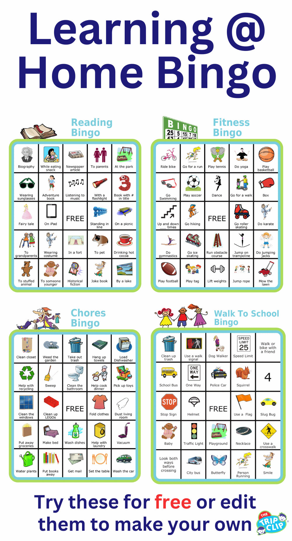4 bingo boards: fitness bingo, chores bingo, reading bingo, walk to school bingo