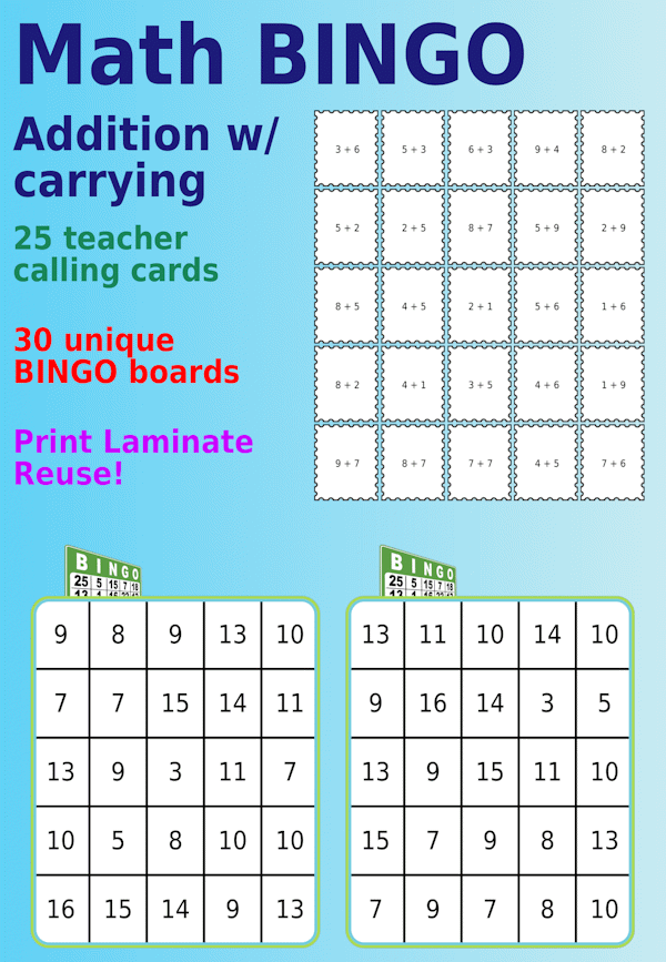 Bingo board with 1-digit math problems with carrying