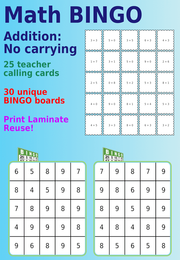 Bingo board with 1-digit math problems, no carrying