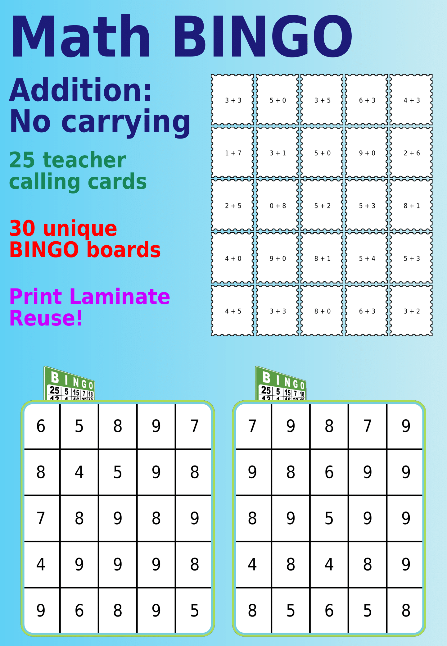 Bingo board with 1-digit math problems, no carrying