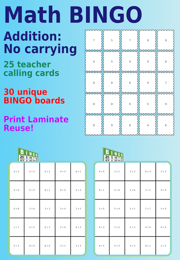 Bingo board with 1-digit math problems, no carrying