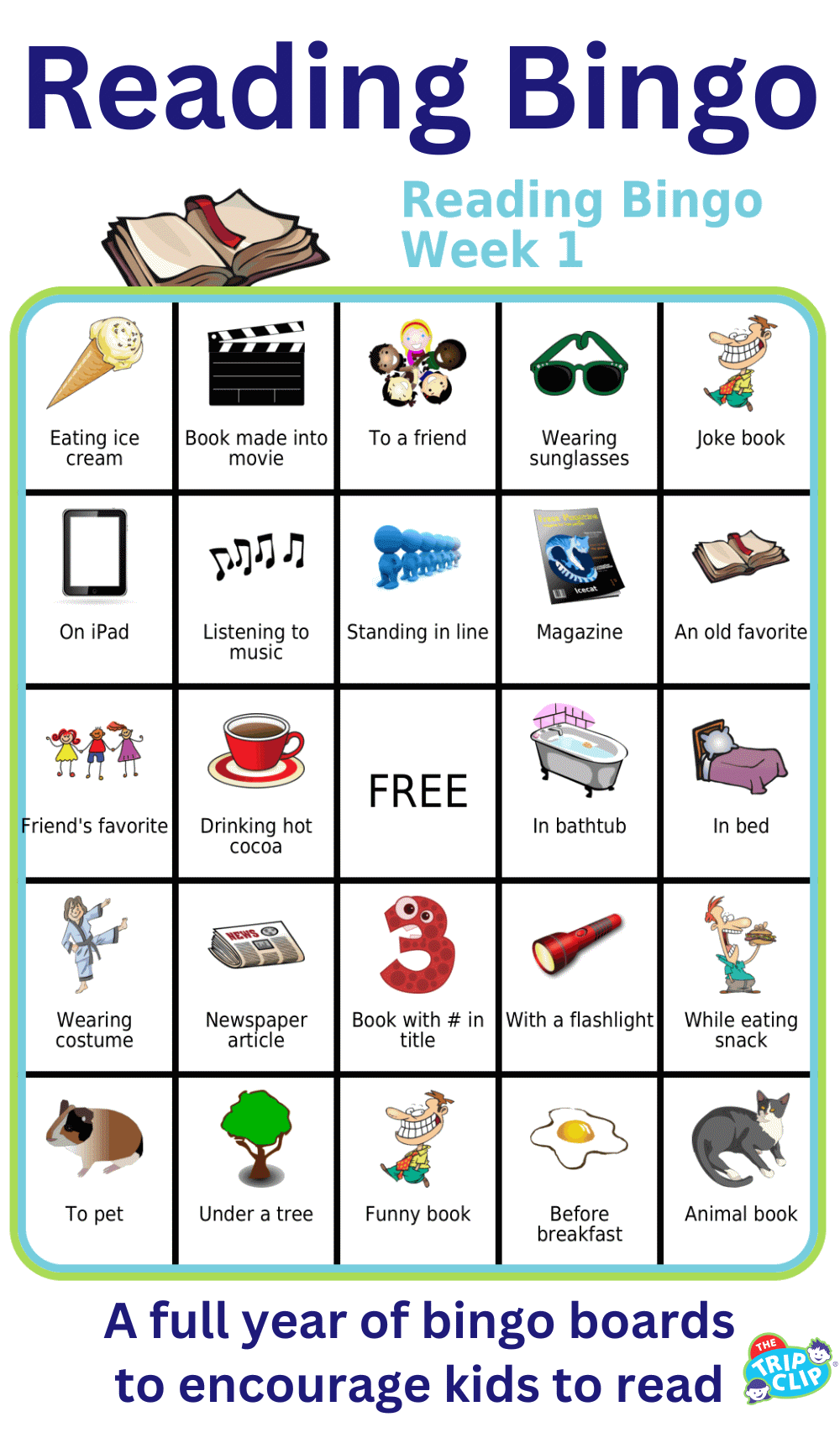 Reading Bingo board with 24 ways to encourage kids to read