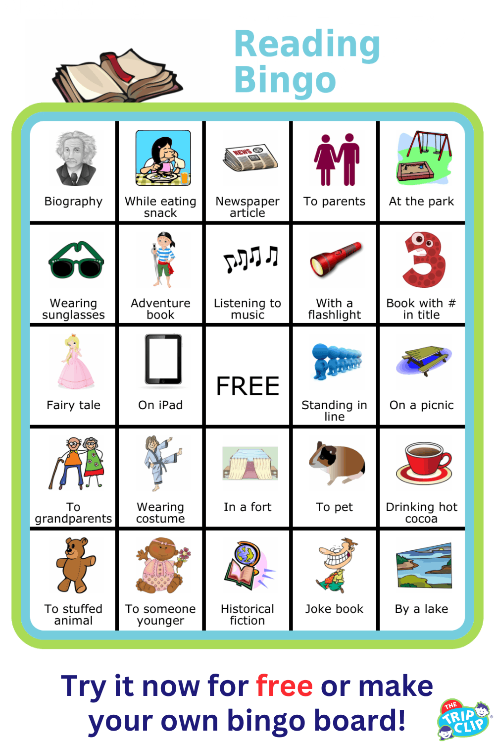 Bingo board with pictures showing Summer Reading ideas
