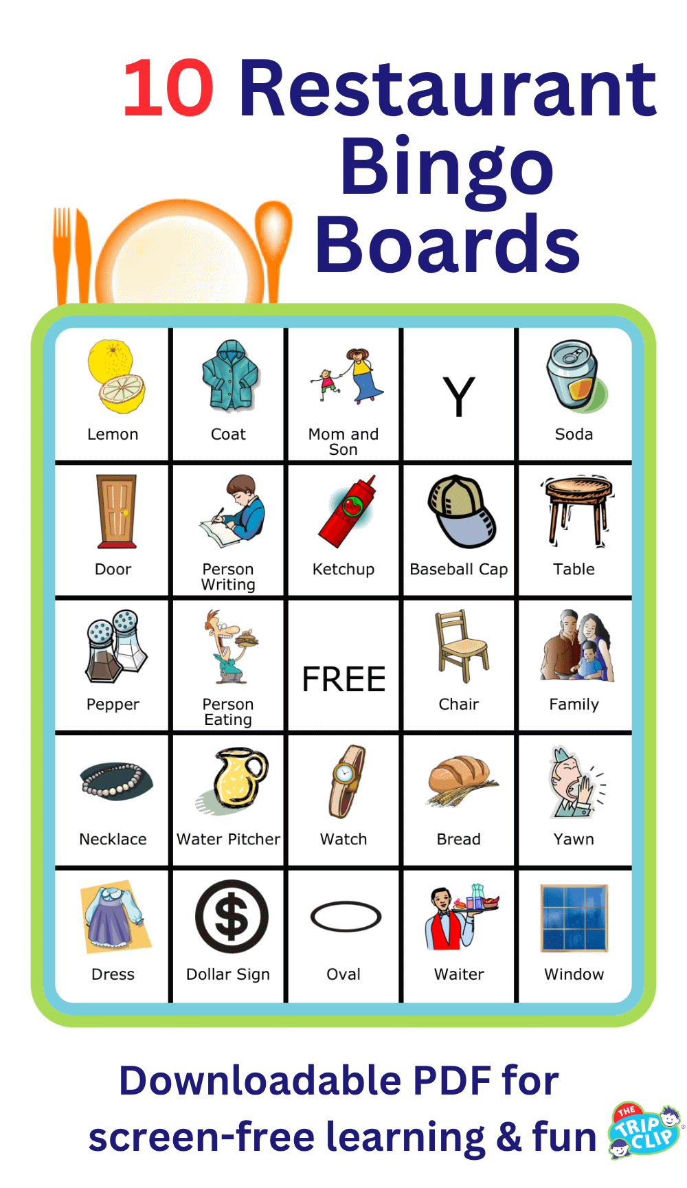 Bingo board with 24 images you might see at a restaurant