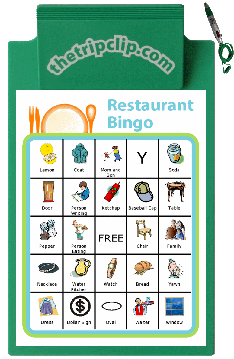 Bingo board with place setting at the top and titled Restaurant Bingo