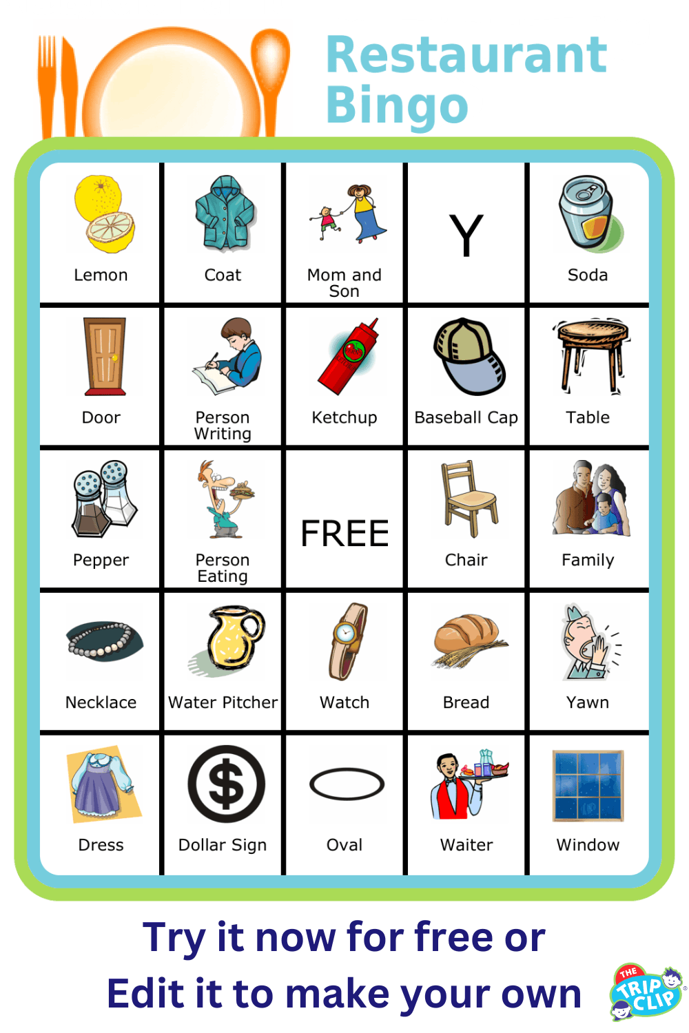 RestaurantBingo board with FREE space and 24 pictures of things commonly found in a restaurant