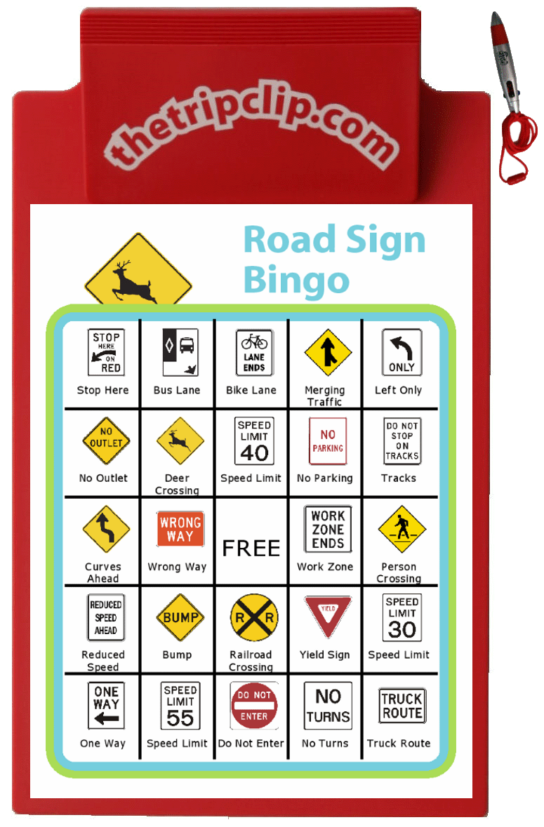 Bingo board with deer crossing sign at the top and titled Road Sign Bingo