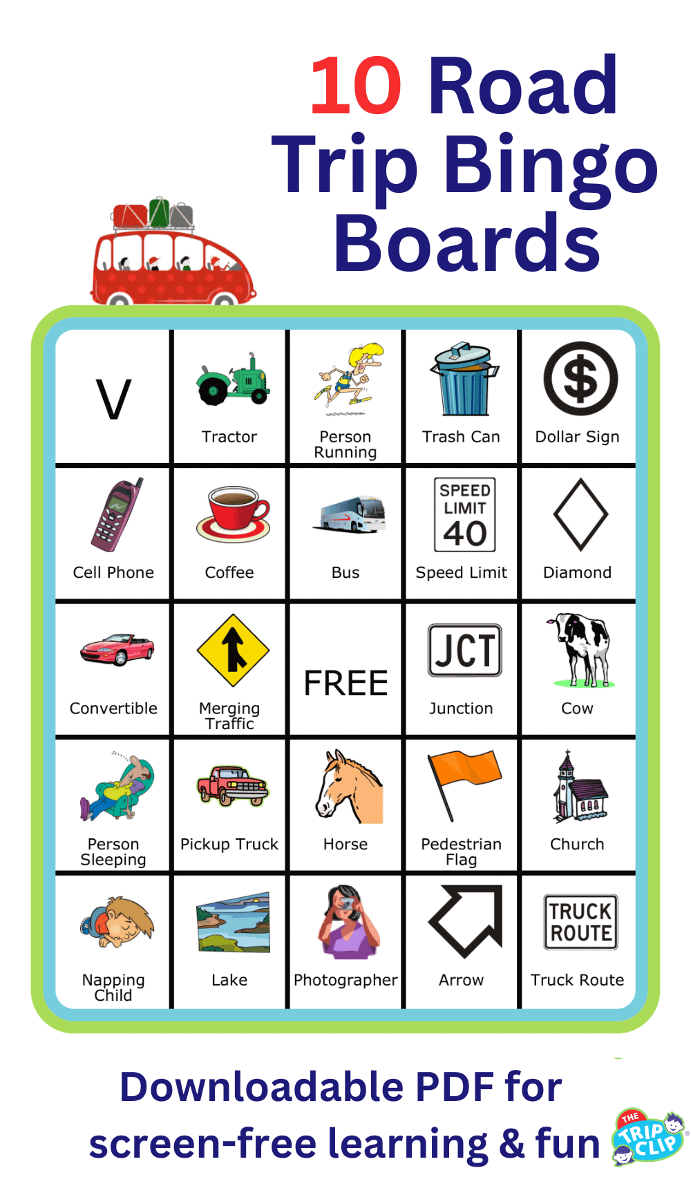 Bingo board with 24 images you might see on a road trip