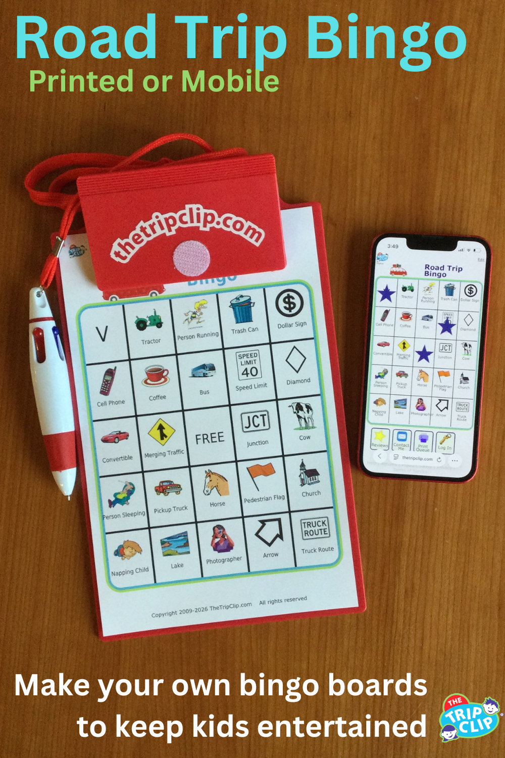 Bingo board with red car at the top and title Road Trip Bingo, shown on clipboard and iPhone