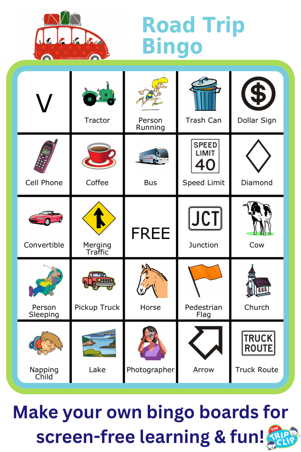 Bingo board with red car at the top and title Road Trip Bingo