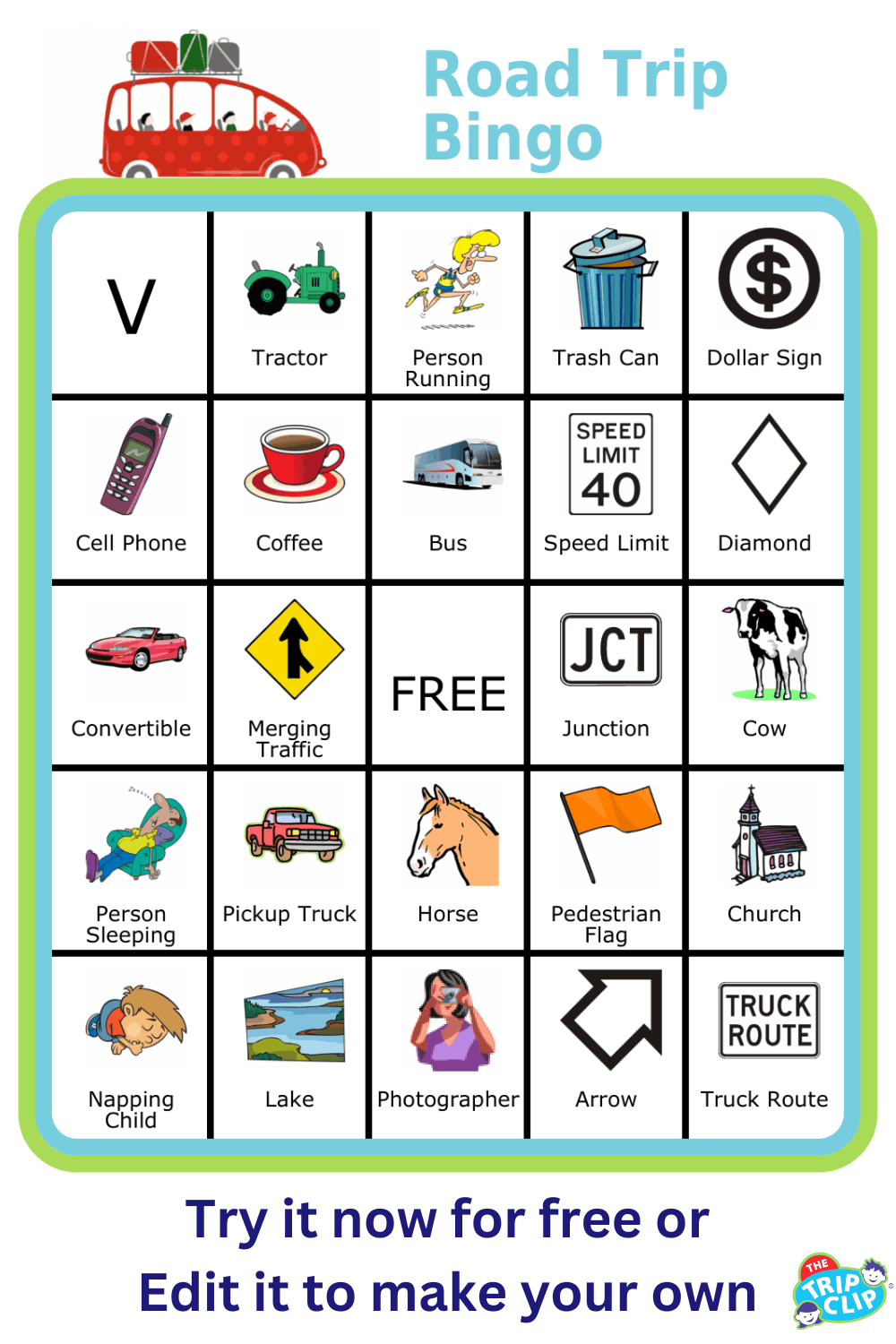 Bingo board with red car at the top and title Road Trip Bingo