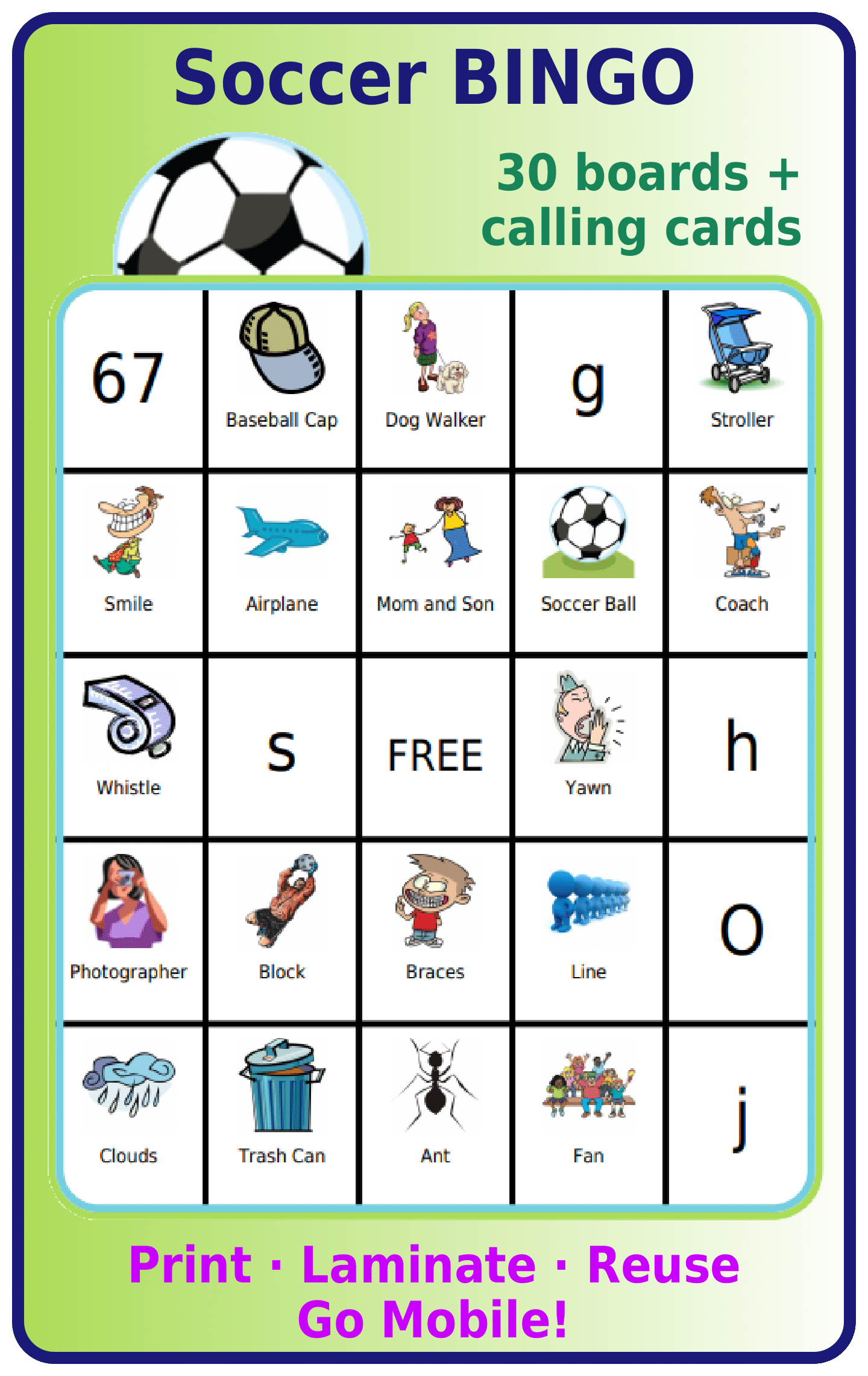 Soccer-themed bingo board, 30 boards + calling cards