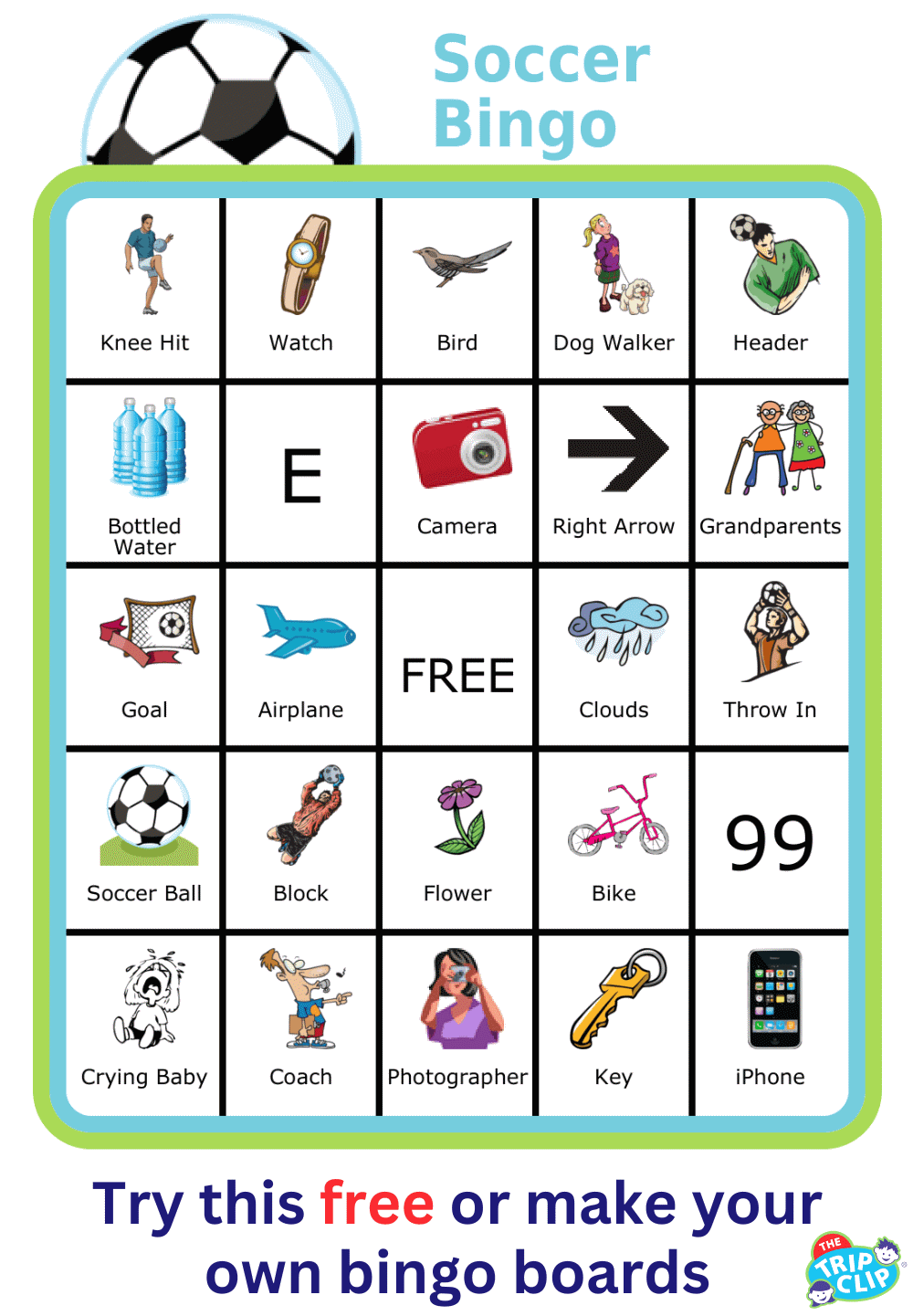 Bingo board with soccer ball at the top and titled Soccer Bingo