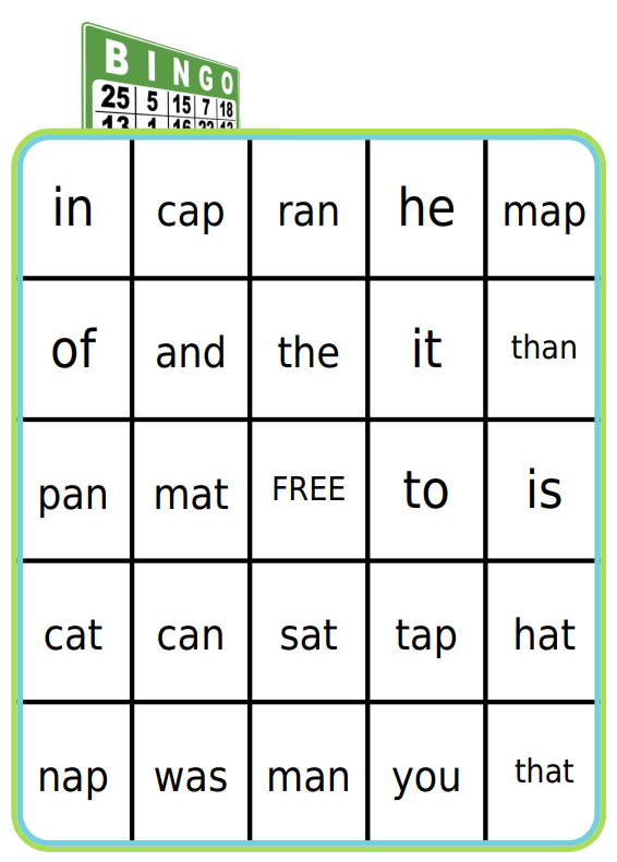 Bingo board with 1st grade spelling words and calling cards