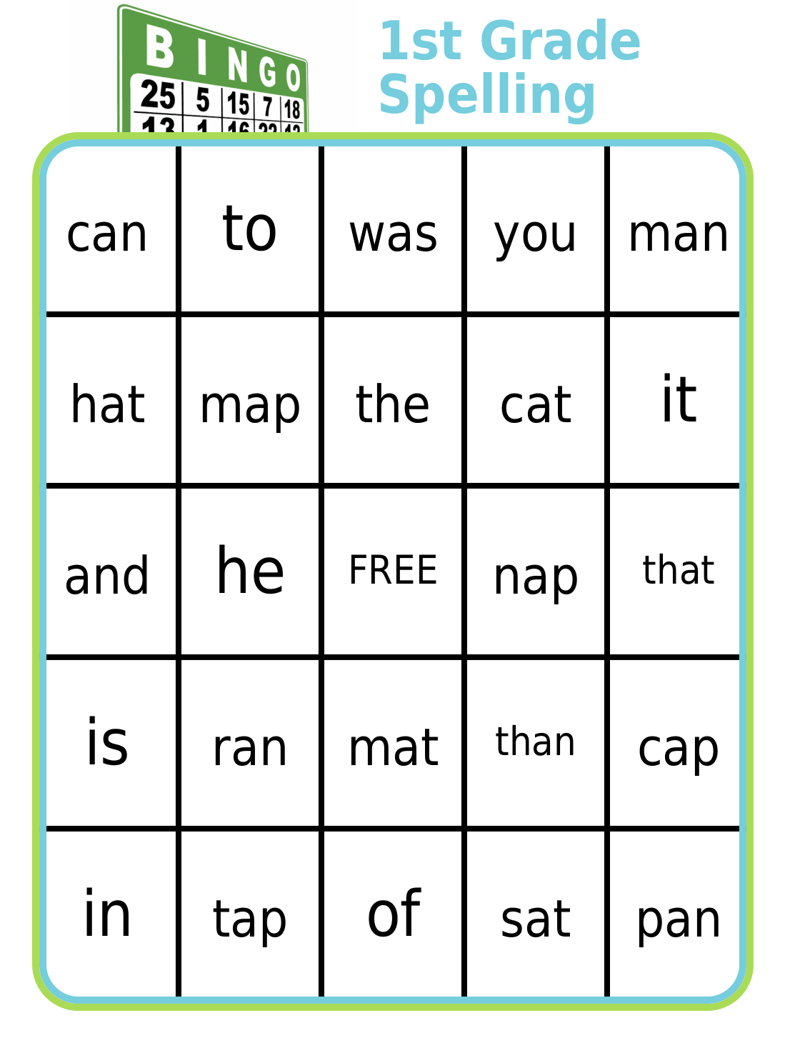 Bingo board with 1st grade spelling words