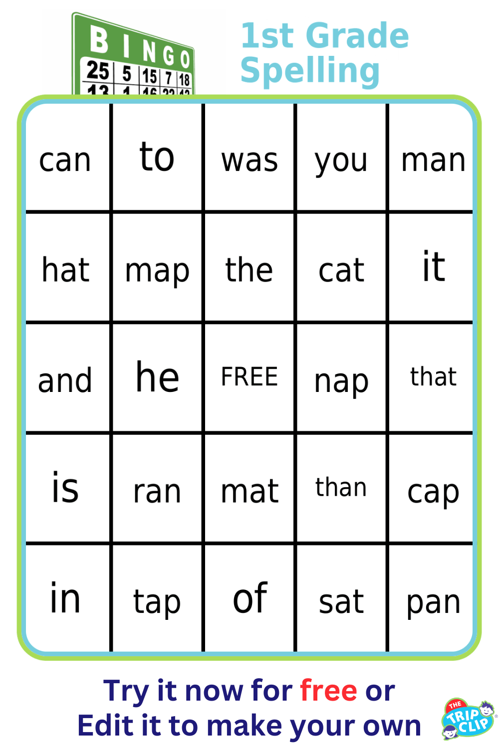 Bingo board with 1st grade spelling words