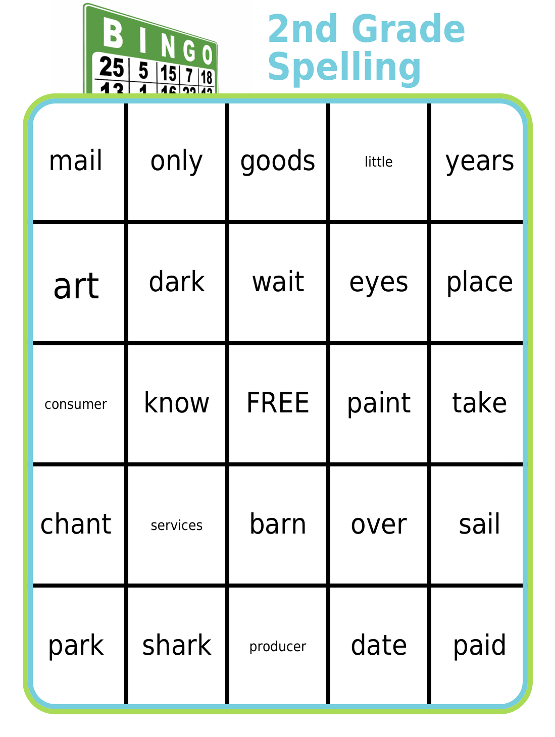 Bingo board with 1st grade spelling words