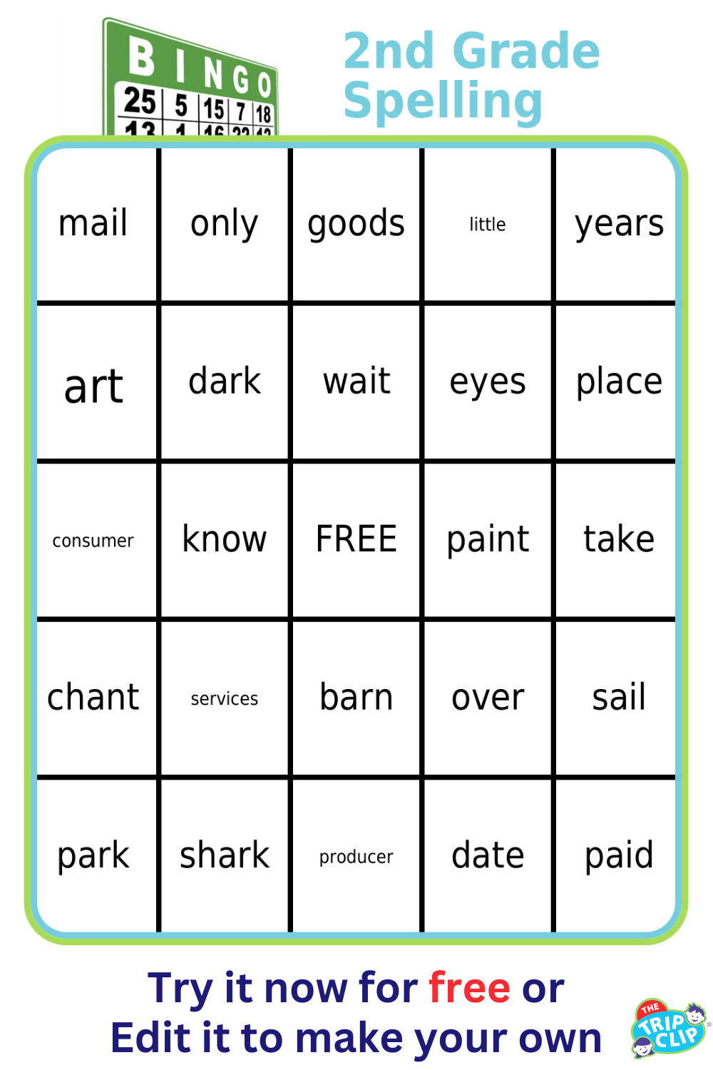 Bingo board with 1st grade spelling words