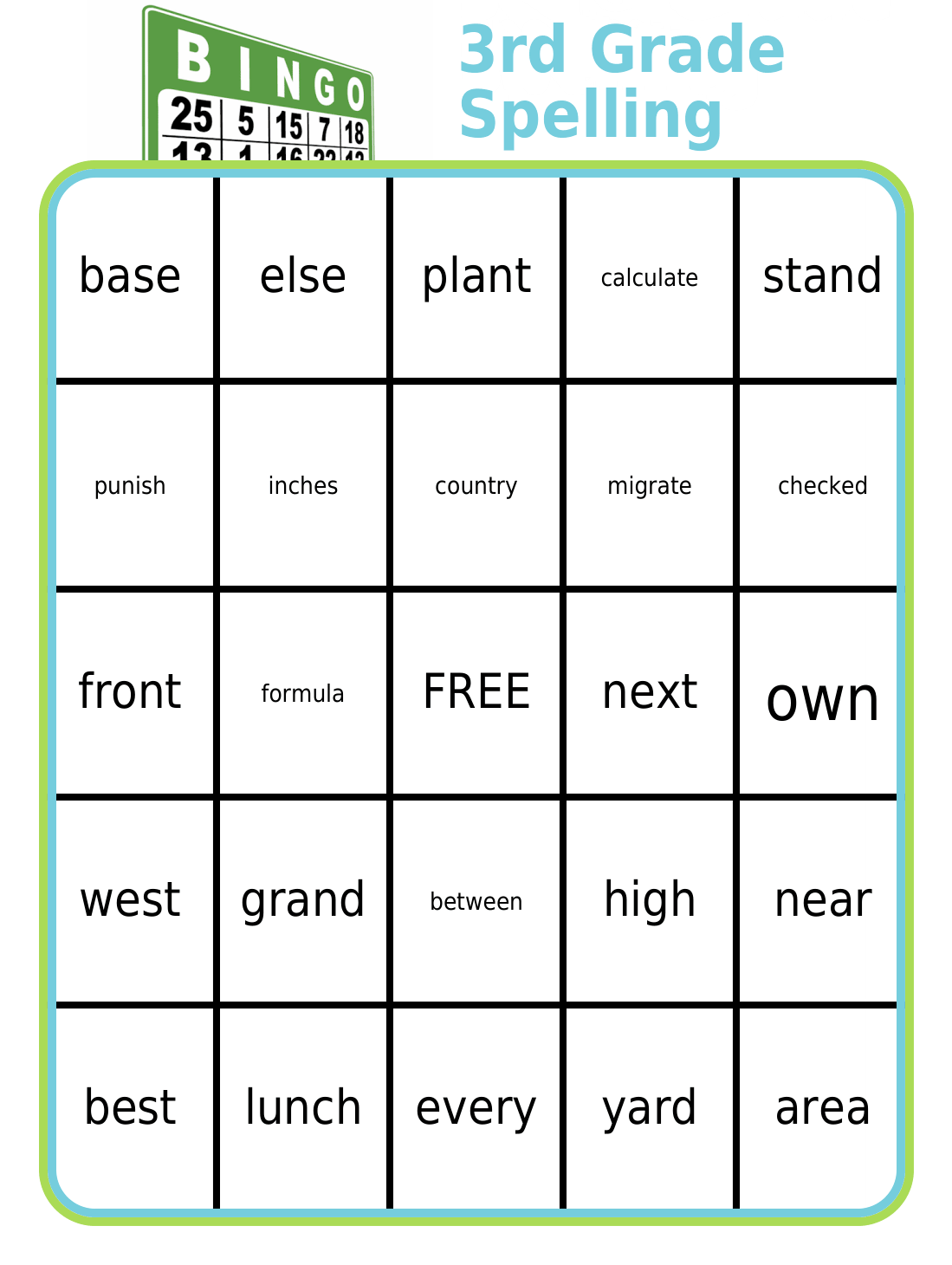 Bingo board with 1st grade spelling words