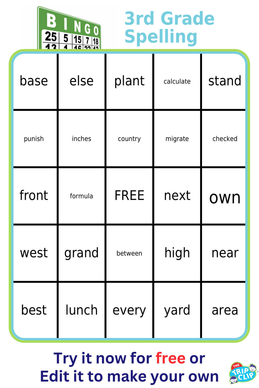 Bingo board with 1st grade spelling words