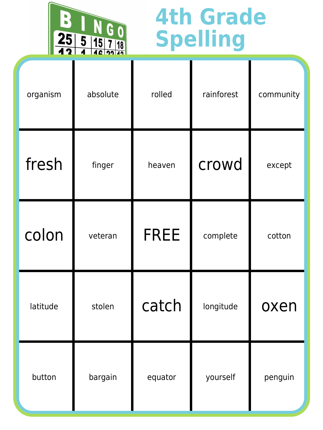 Bingo board with 1st grade spelling words