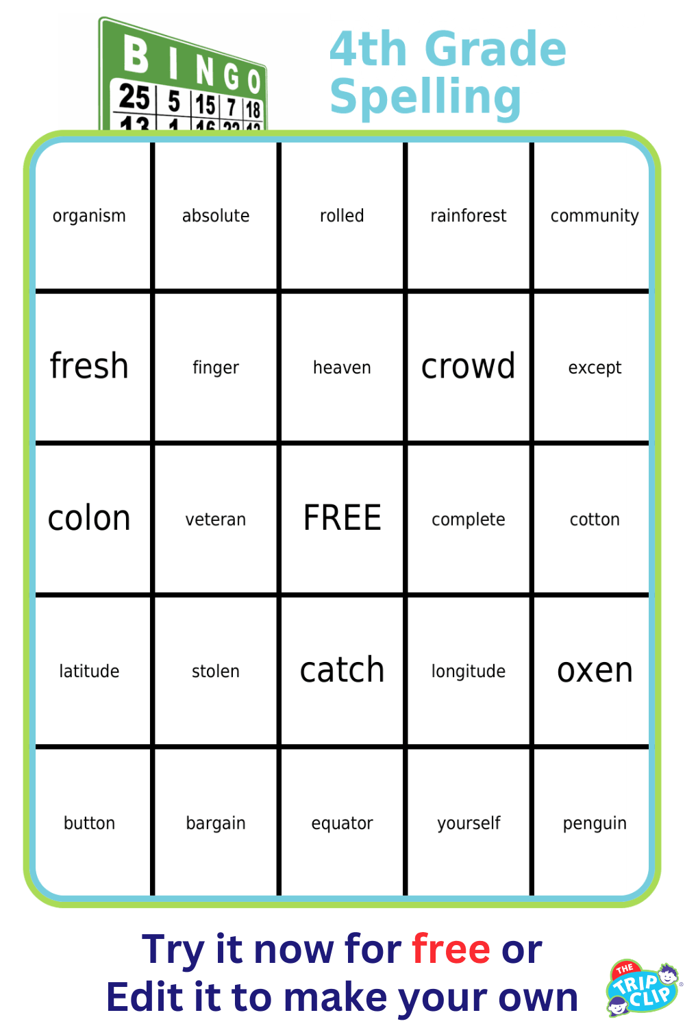 Bingo board with 1st grade spelling words