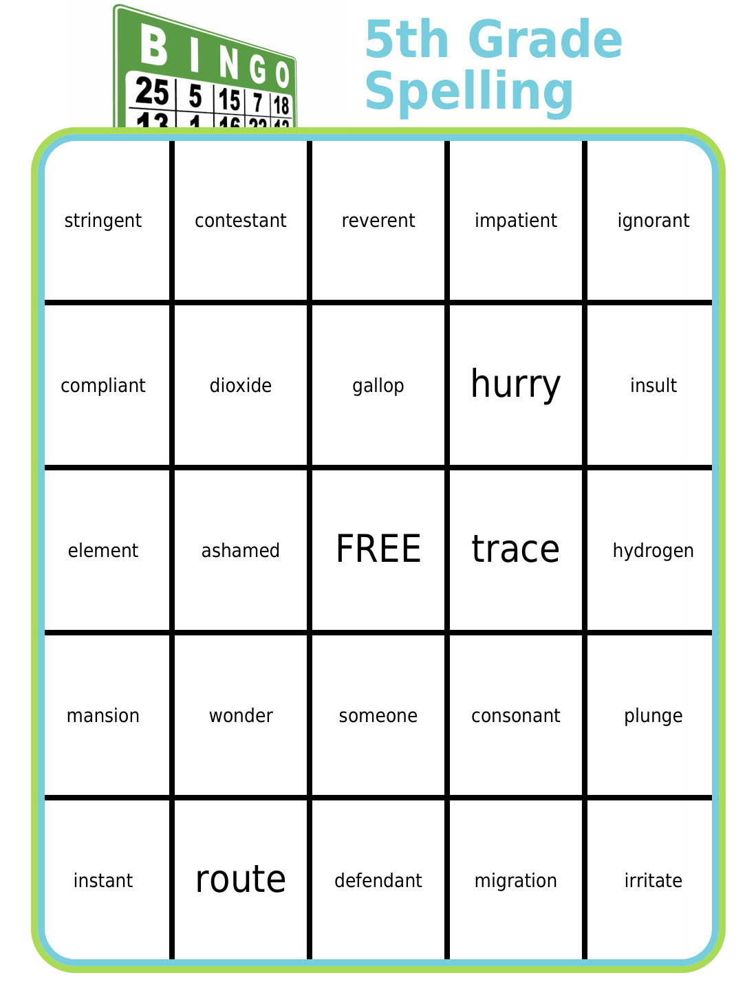 Bingo board with 1st grade spelling words