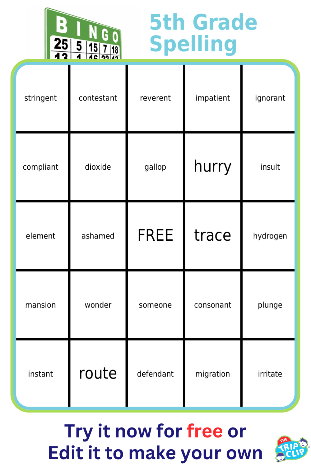 Bingo board with 1st grade spelling words