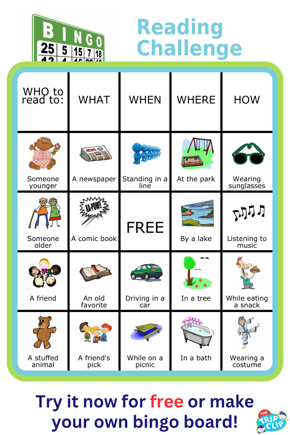 Bingo board with pictures that will encourage kids to read