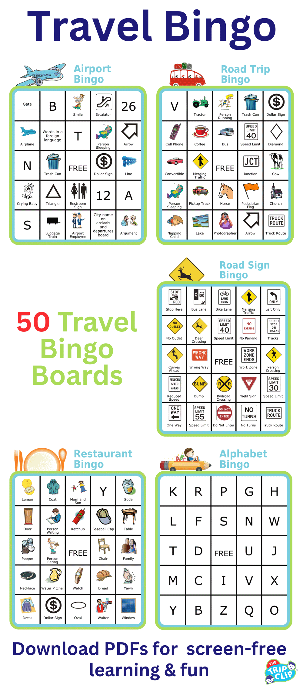 50 travel bingo boards: airport bingo, alphabet bingo, restaurant bingo, road sign bingo, road trip bingo