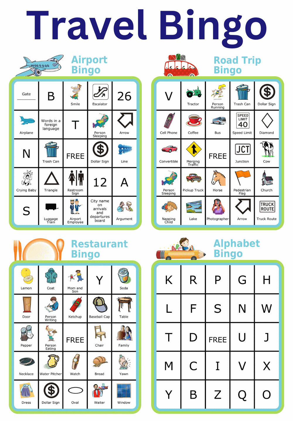 4 free bingo boards: airplane, road trip, restaurant, alphabet