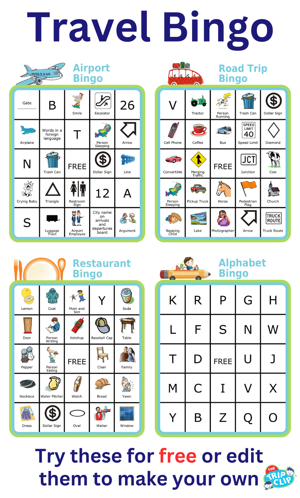 4 free bingo boards: airplane, road trip, restaurant, alphabet