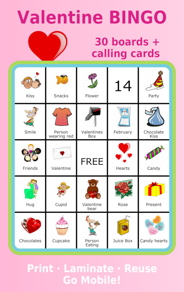 Bingo board with 24 Valentine's Day pictures