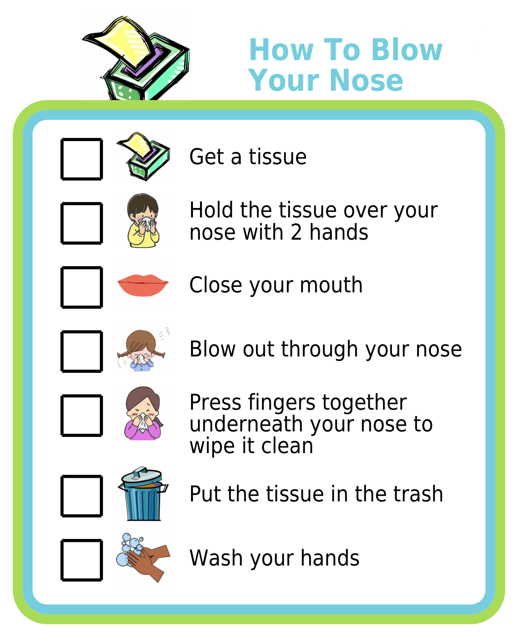 Picture checklist showing the steps for how to blow your nose