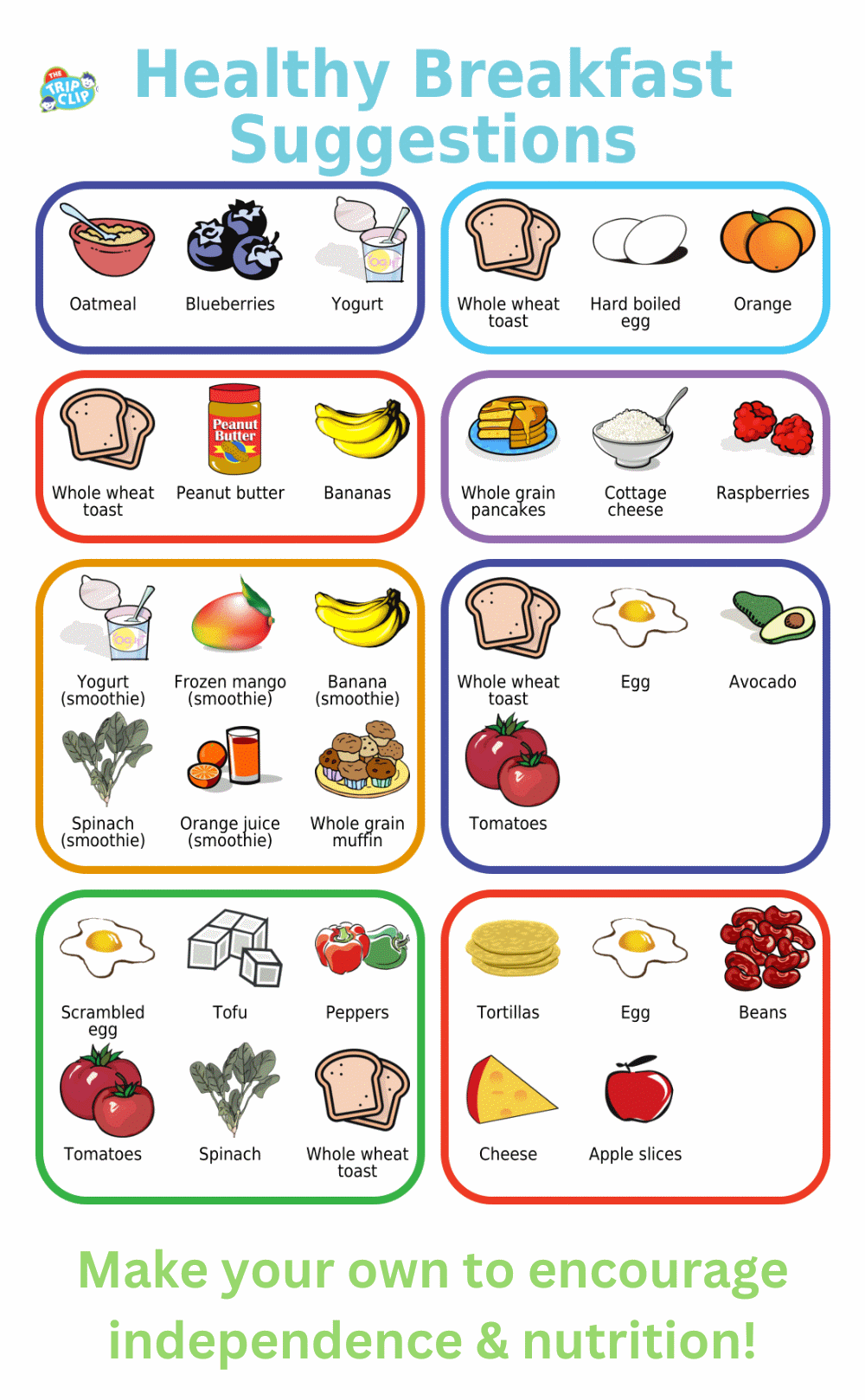Picture checklist with 8 suggestions for a healthy breakfast for kids