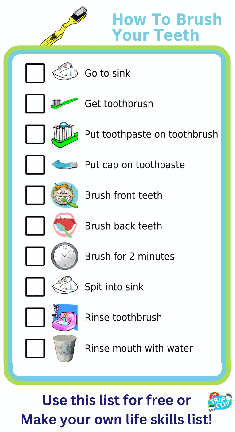 Picture checklist showing the steps for how to brush teeth