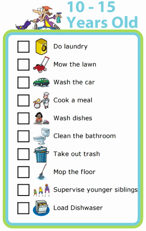 Picture checklist with chores appropriate for ten to fifteen year olds