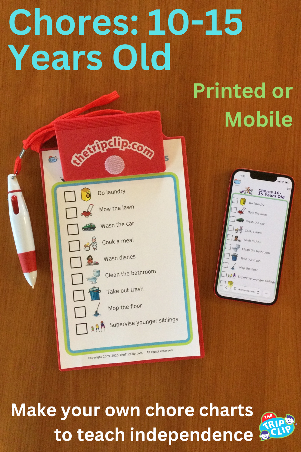Picture checklist with chores appropriate for ten to fifteen year olds, shown on clipboard and iPhone
