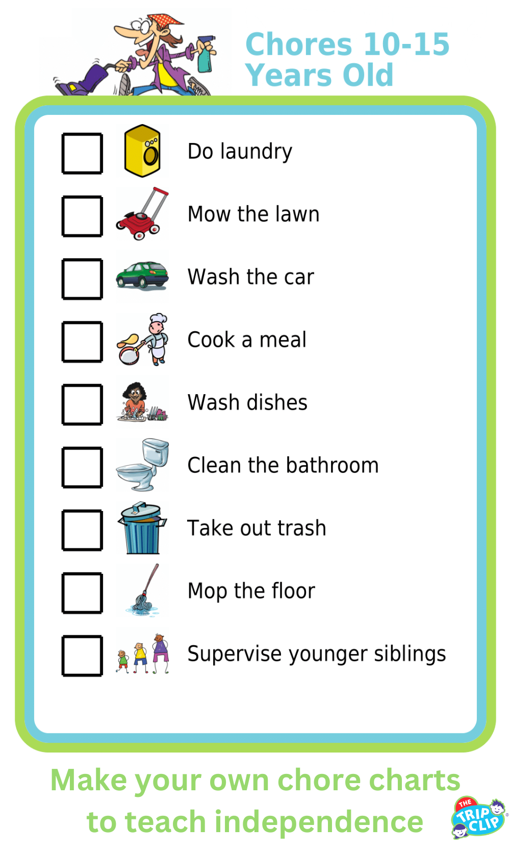 Picture checklist with chores appropriate for ten to fifteen year olds