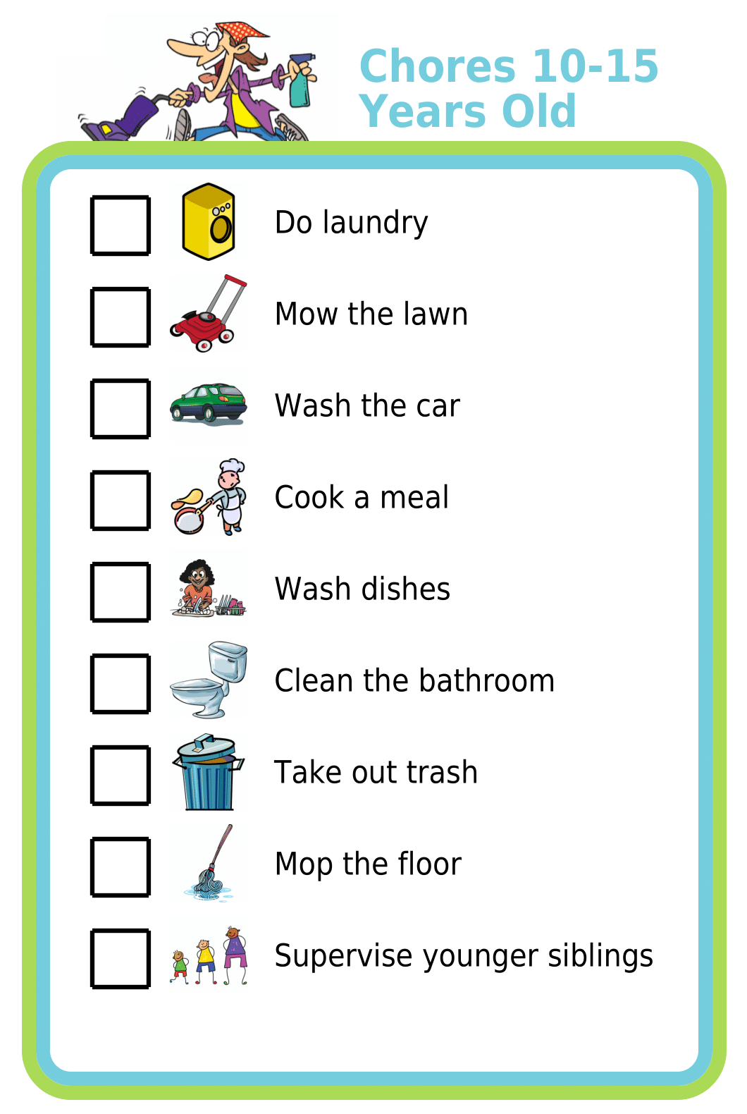 Picture checklist with chores appropriate for ten to fifteen year olds, shown on clipboard and iPhone